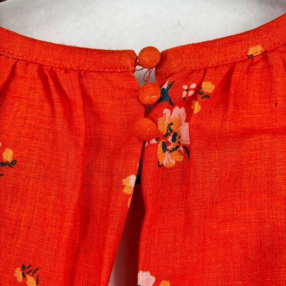 Free People Mini Dress Size 4 Orange Floral Belted Faux Wrap Balloon Sleeves - Picture 10 of 13